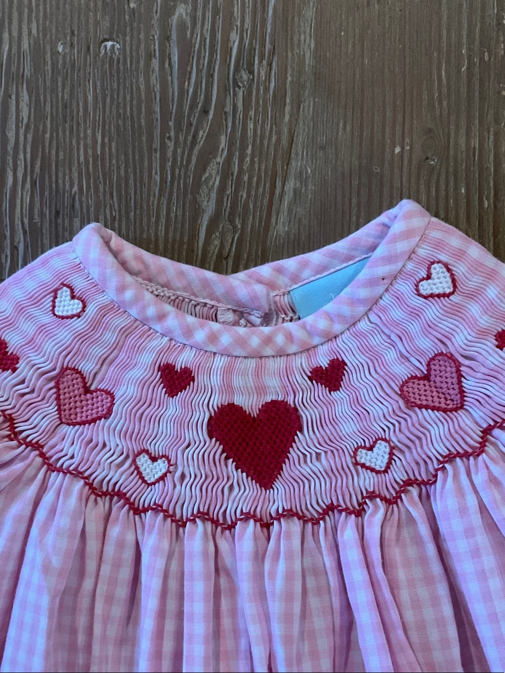 Pink Gingham Heart Smocked Kids dress- Red Heart Detail